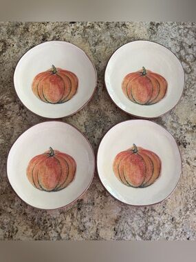 Crate & Barrel Pumpkin Dessert Salad Plates Set of 4 Fall Autumn Thanksgiving